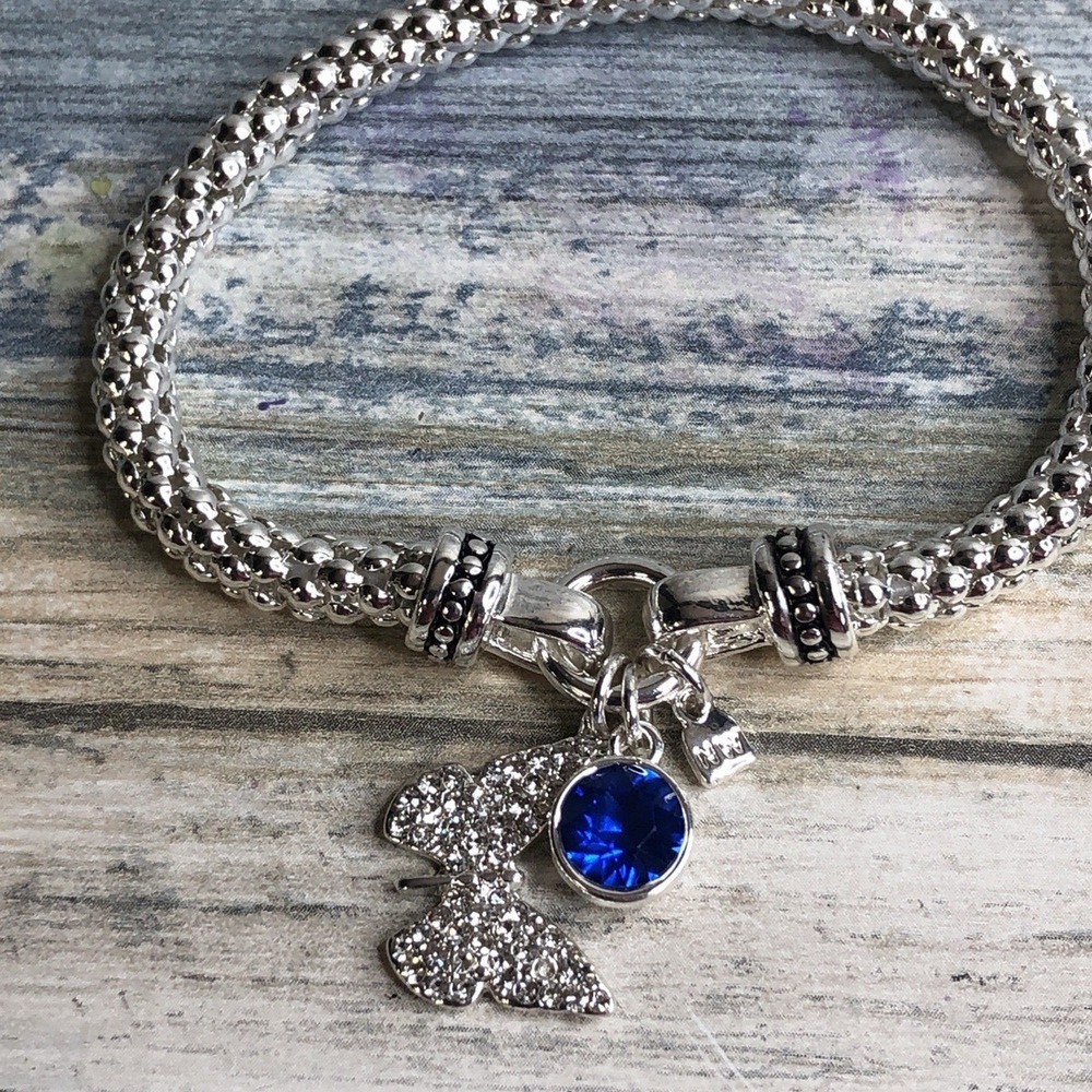 Nine‎ West NW Butterfly Charm Blue Crystal Bracelet Stretch Silver Tone